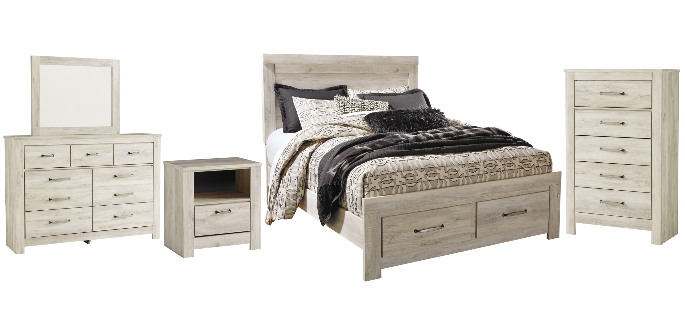 Bellaby Queen Platform Bed with 2 Storage Drawers with Mirrored Dresser, Chest and Nightstand - MyWaynesHome #