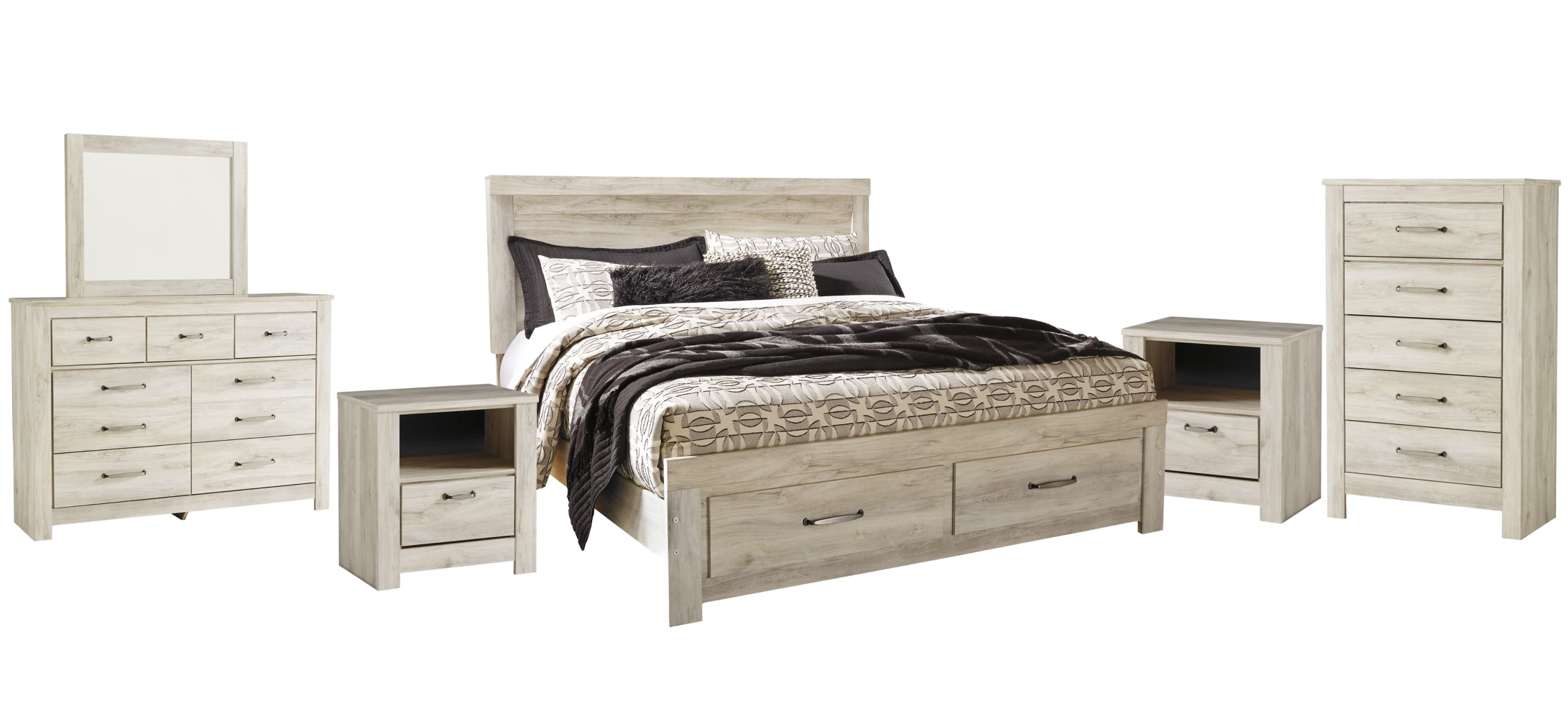 Bellaby Queen Platform Bed with 2 Storage Drawers with Mirrored Dresser, Chest and 2 Nightstands - MyWaynesHome #