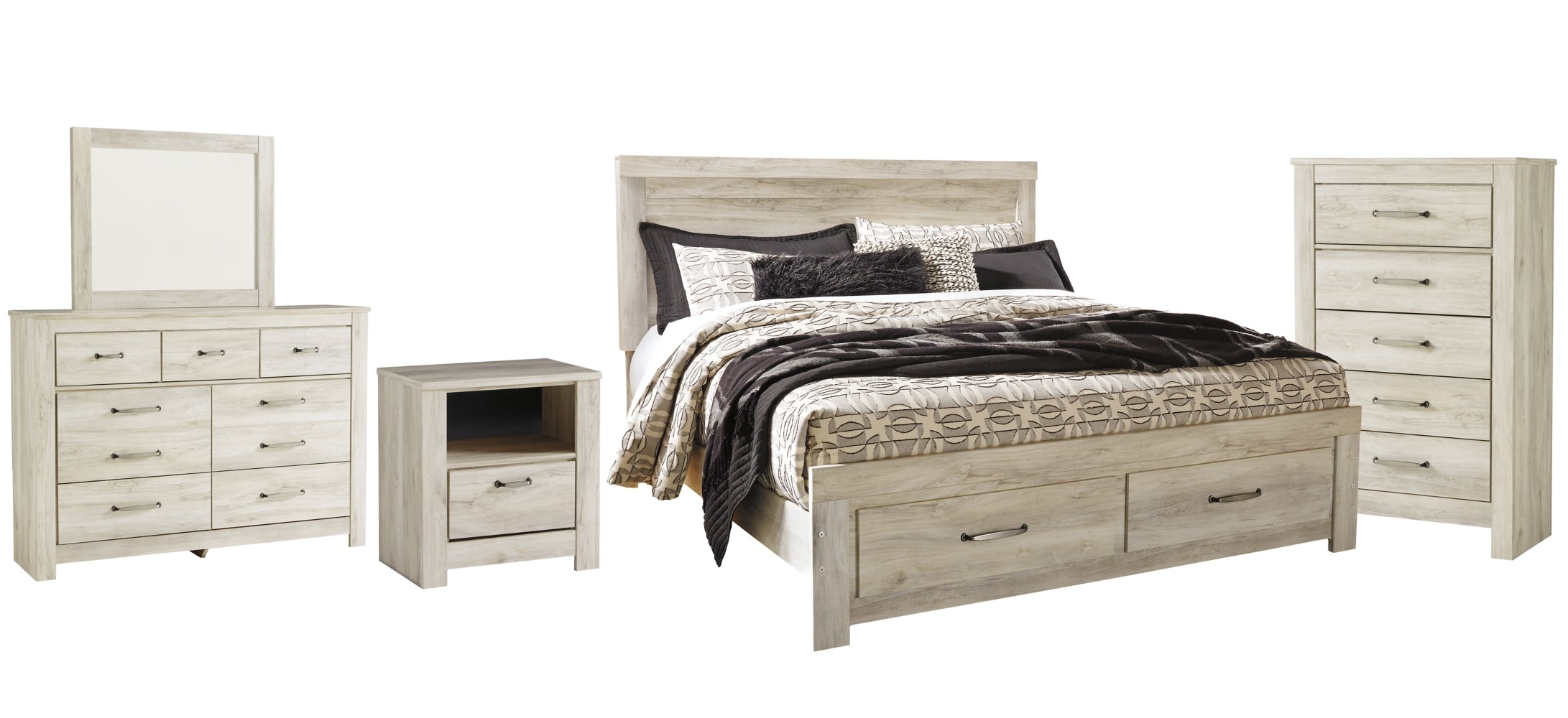 Bellaby Queen Platform Bed with 2 Storage Drawers with Mirrored Dresser, Chest and Nightstand - MyWaynesHome #