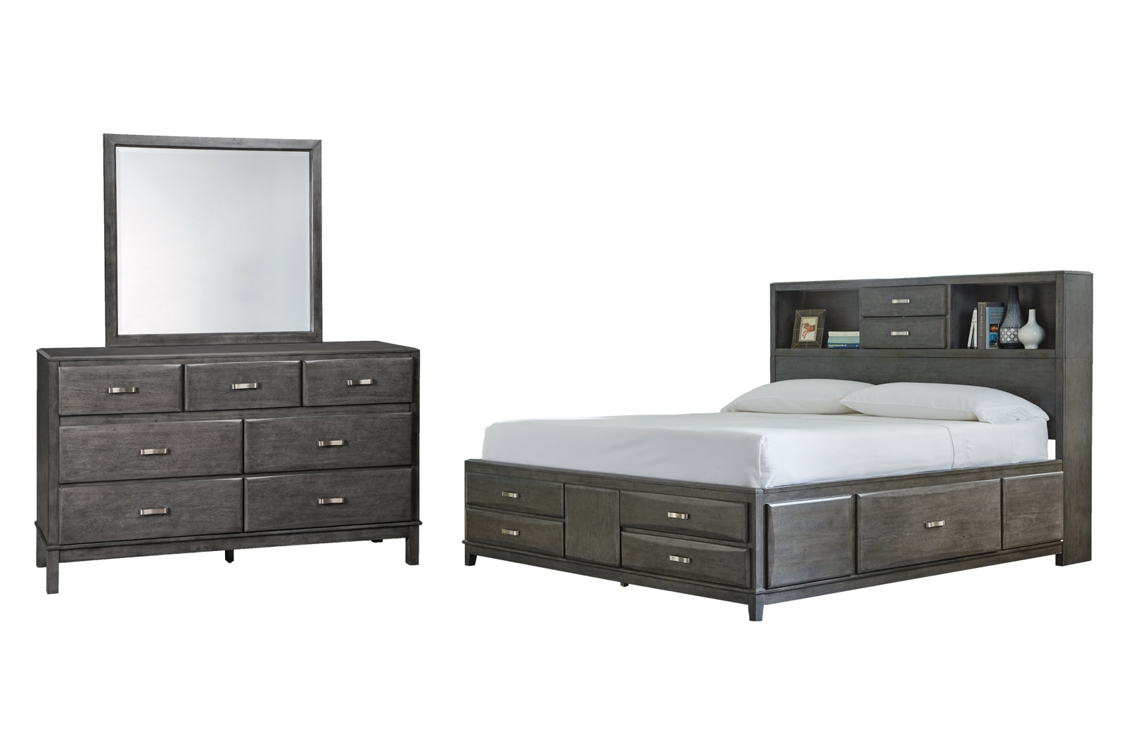 Caitbrook Queen Storage Bed with 8 Storage Drawers with Mirrored Dresser - MyWaynesHome #