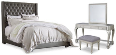 Coralayne Queen Upholstered Bed and Vanity with Mirror and Stool - MyWaynesHome #