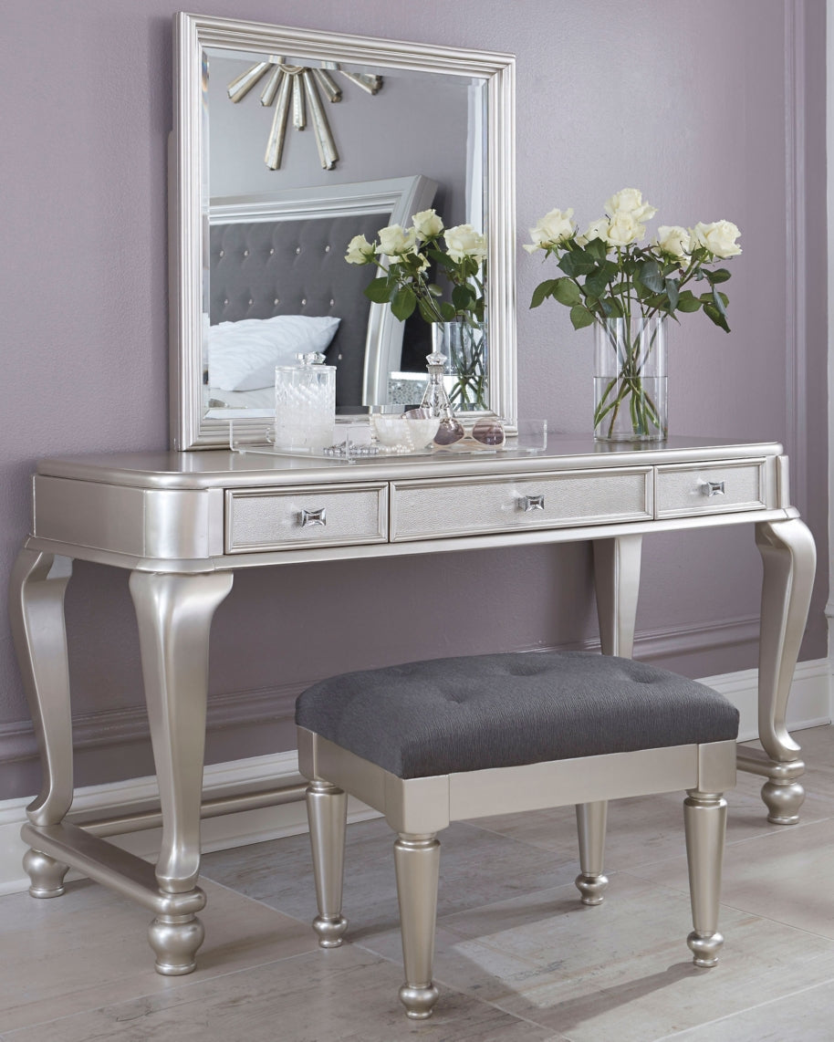 Coralayne Queen Upholstered Bed and Vanity with Mirror and Stool - MyWaynesHome #