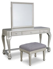 Coralayne Queen Upholstered Bed and Vanity with Mirror and Stool - MyWaynesHome #