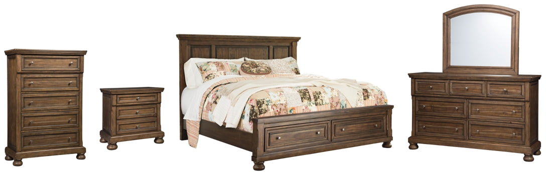 Flynnter King Panel Bed with 2 Storage Drawers with Mirrored Dresser, Chest and Nightstand - MyWaynesHome #