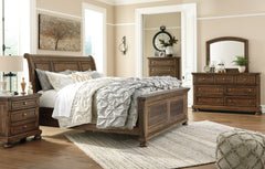 Flynnter King Panel Bed with 2 Storage Drawers with Mirrored Dresser, Chest and Nightstand - MyWaynesHome #