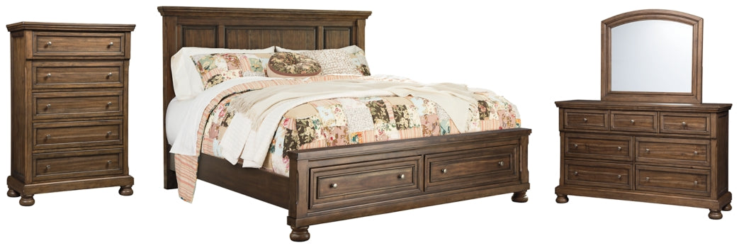 Flynnter Queen Panel Bed with 2 Storage Drawers with Mirrored Dresser and Chest - MyWaynesHome #