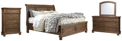 Flynnter Queen Sleigh Bed with 2 Storage Drawers with Mirrored Dresser and Chest - MyWaynesHome #