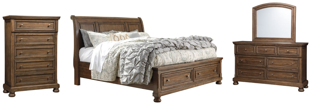 Flynnter Queen Sleigh Bed with 2 Storage Drawers with Mirrored Dresser and Chest - MyWaynesHome #