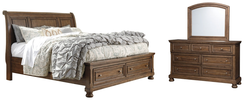 Flynnter Queen Sleigh Bed with 2 Storage Drawers with Mirrored Dresser - MyWaynesHome #