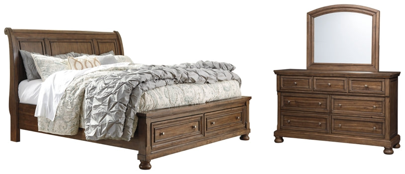 Flynnter Queen Sleigh Bed with 2 Storage Drawers with Mirrored Dresser - MyWaynesHome #