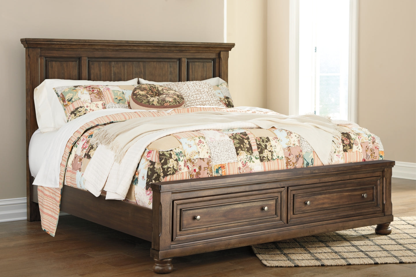 Flynnter Queen Panel Bed with 2 Storage Drawers with Mirrored Dresser and Chest - MyWaynesHome #