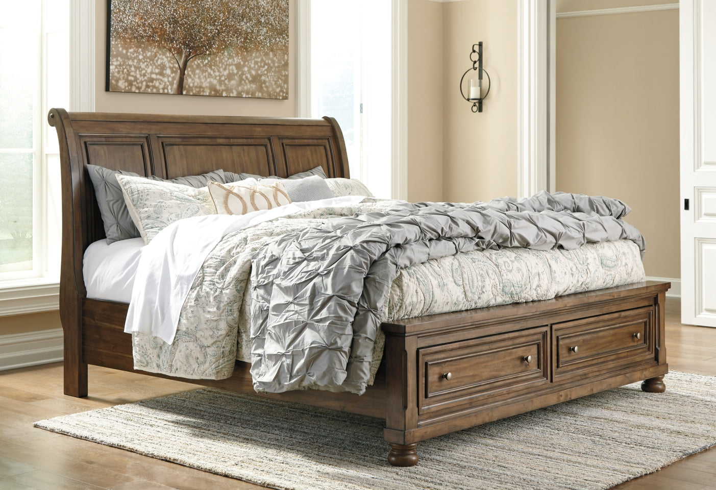 Flynnter Queen Sleigh Bed with 2 Storage Drawers with Mirrored Dresser - MyWaynesHome #