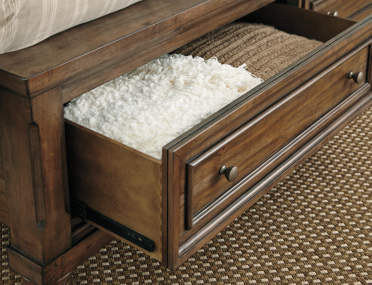 Flynnter Queen Panel Bed with 2 Storage Drawers with Mirrored Dresser and Chest - MyWaynesHome #