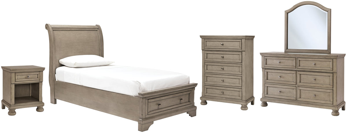 Lettner Twin Sleigh Bed with Mirrored Dresser, Chest and Nightstand - MyWaynesHome #