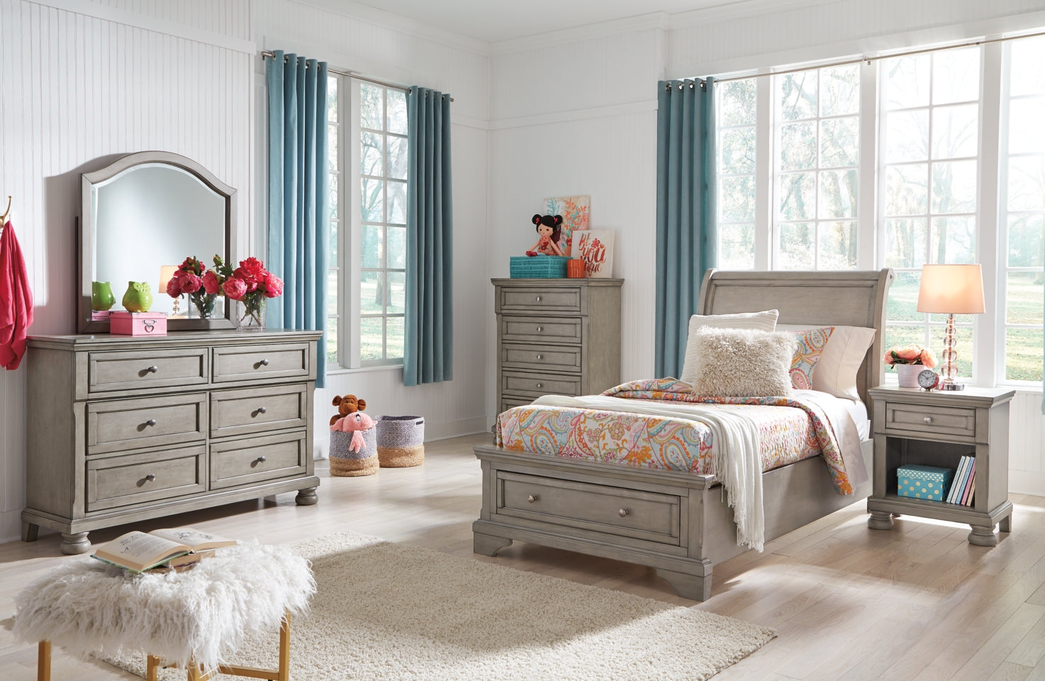 Lettner Twin Sleigh Bed with Mirrored Dresser and Chest - MyWaynesHome #