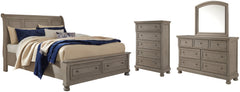 Lettner Queen Sleigh Bed with 2 Storage Drawers with Mirrored Dresser and Chest - MyWaynesHome #