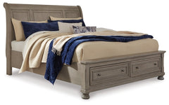Lettner King Sleigh Bed with 2 Storage Drawers with Mirrored Dresser and Chest - MyWaynesHome #