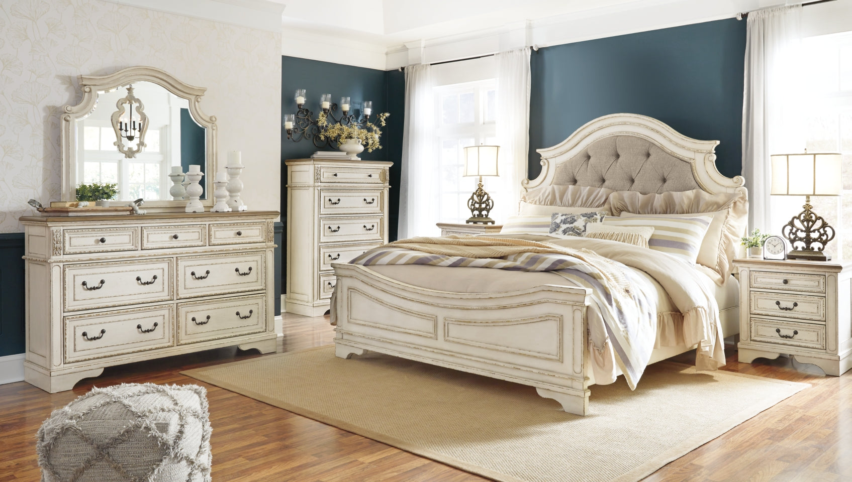 Realyn Queen Upholstered Panel Bed with Mirrored Dresser, Chest and Nightstand - MyWaynesHome #