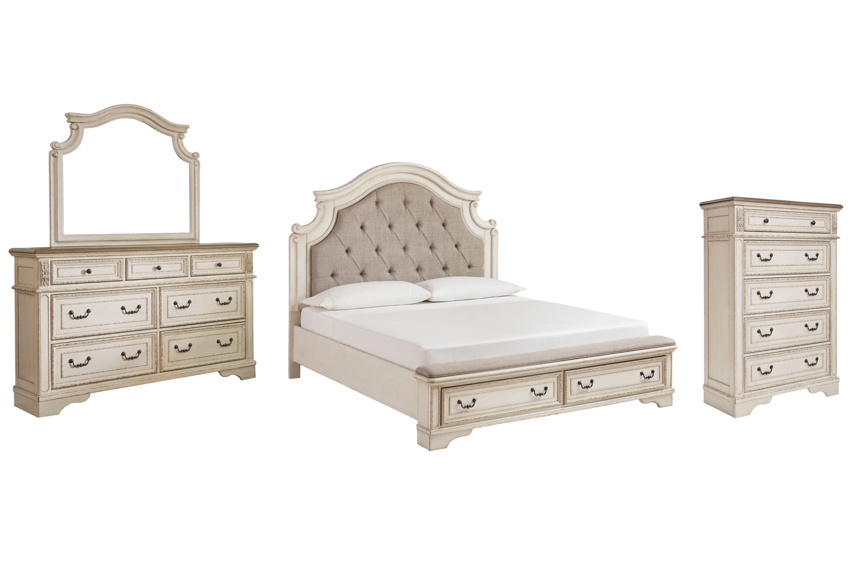 Realyn Queen Upholstered Bed with Mirrored Dresser and Chest - MyWaynesHome #