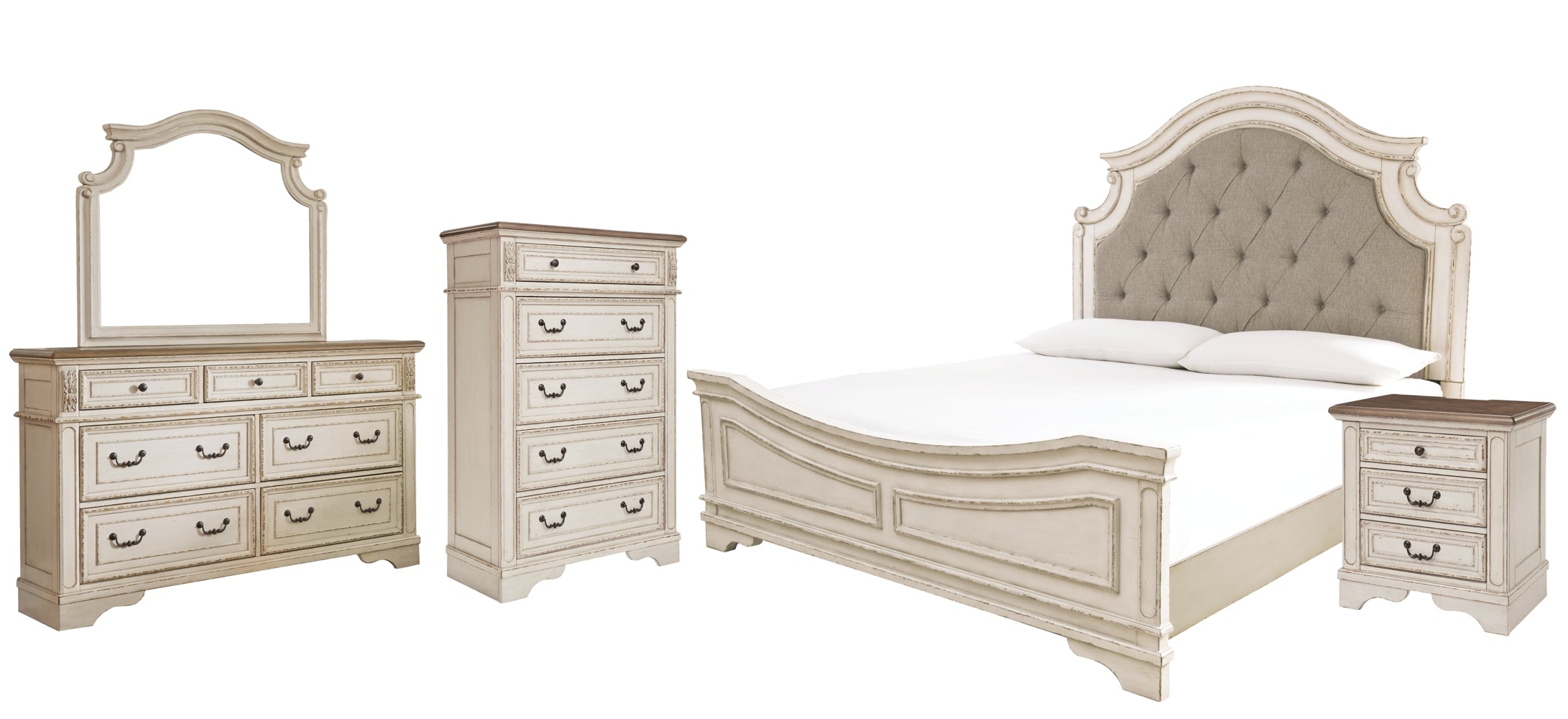 Realyn Queen Upholstered Panel Bed with Mirrored Dresser, Chest and Nightstand - MyWaynesHome #