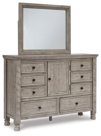 Harrastone King Panel Bed with Mirrored Dresser - MyWaynesHome #